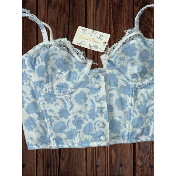 Revolve Wild Lovers Women’s 32B Lace & Blue Floral Corset • Linen Button Detail - Picture 8 of 16